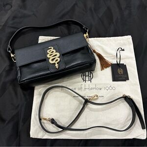 House of Harlow 1960 Black Leather Crossbody with Gold Snake Detail